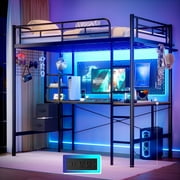 KOUSEI Twin Metal Loft Bed Frame with LED Lights\u0026Charging Station\u0026L-Shaped Desk,Black